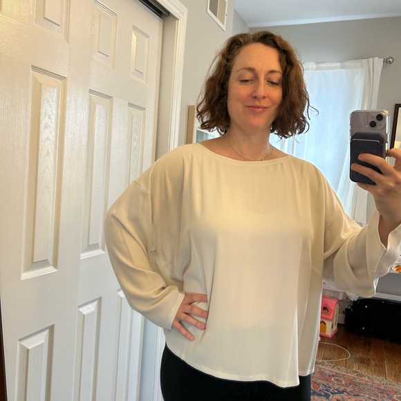 Eileen Fisher white/cream blouse top long sleeve flowy ballet neck. NWT. - Picture 2 of 8